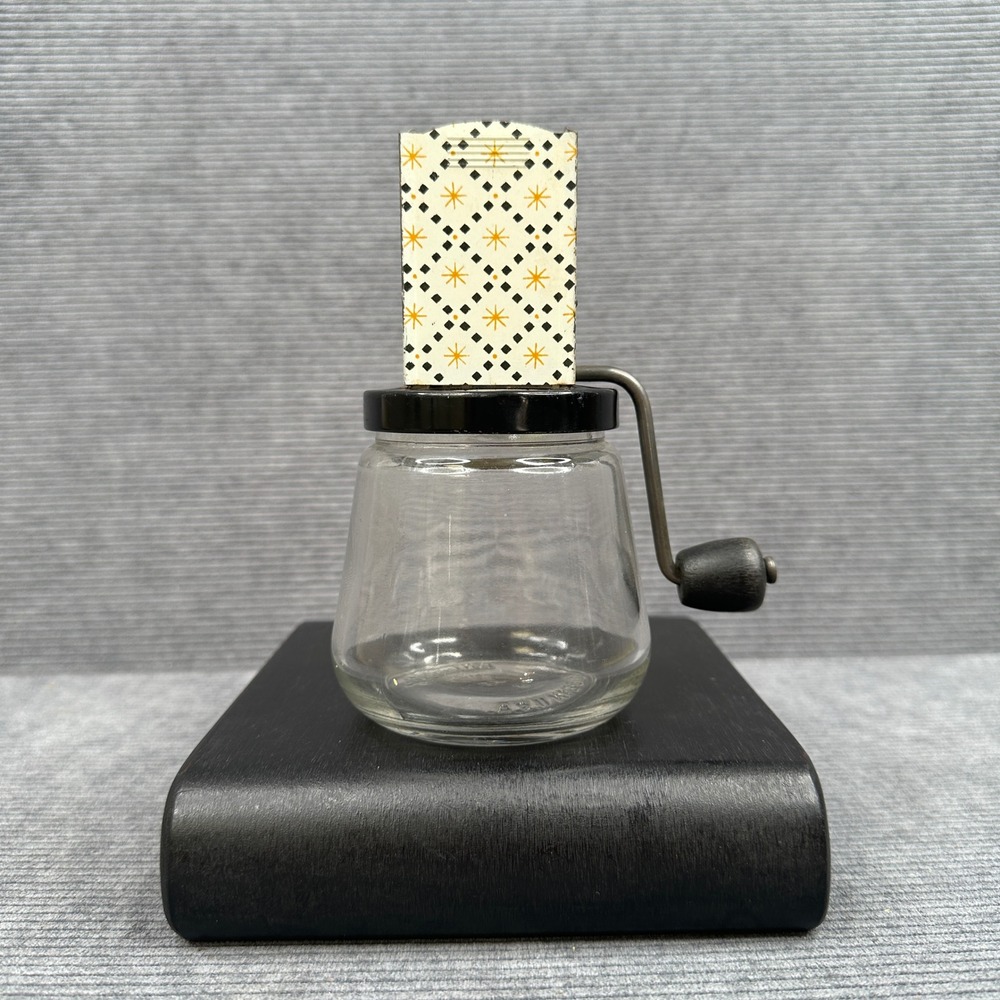 Vintage Androck Nut Meat Chopper Glass Jar Atomic‎ Starburst Pattern Made in USA